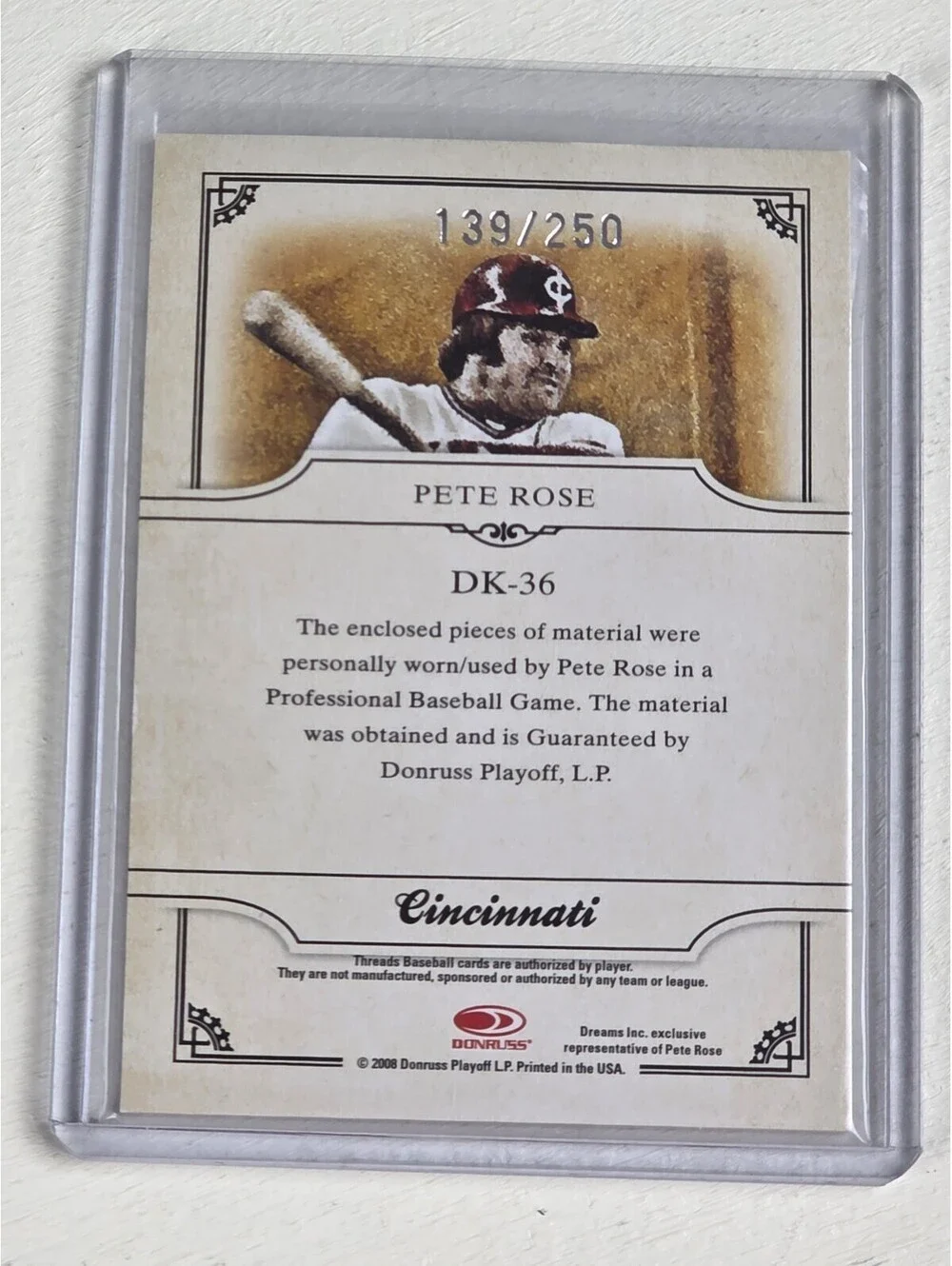 2008 DONRUSS DIAMOND KINGS PETE ROSE GAME USED DUAL PATCH AWAY JERSEY #'D /250